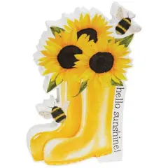 Hello Sunshine, Wooden Sitter Yellow Rain Boots with Sunflowers & Bumblebees