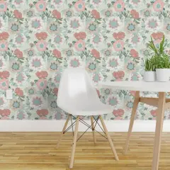 Peel & Stick Wallpaper 2FT Wide Botanical Pastel Cottagecore Boho Floral Romantic Neutral Anemone Ranunculus Green Pink Flowers Custom Removable Wallpaper by Spoonflower