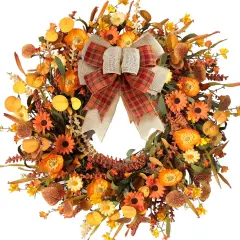 22 Inch Artificial Fall Autumn Daisy Wreath with Bowknot