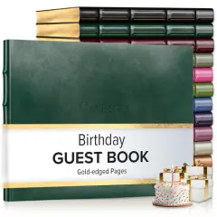 Gallery Leather Birthday Guest Book for Party Celebrations - Hardcover, Bound Leather Sign in Guest Book with 192 Lined Pages for Messages & Photos - 7" x 9" Acadia Green