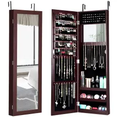 Costway Wall Door Mounted Mirrored Jewelry Cabinet Storage Organizer-Black/Brown/White
