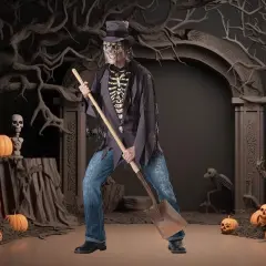 Men's Grave Robber Costume Halloween Scary Skeleton Jacket Hat Mask Gauze Strips Dress Up Set