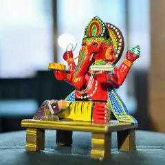 Wooden Ganesha Statue Kondapalli Hand Painted Lord Ganesh Sculpture Gajanana Ganpati Bappa Figurine for Pooja - Home Decor Hindu God Idol Murti Good Luck & Success (6.8 Inch)