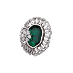 Fake American Diamond Cz Stone Ring for Women - Rhodium Platingindian Pakistani Wedding Jewelry Classic Ring Green