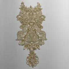 Beaded & Corded Lace Medallion Applique on 100% Polyester Mesh 25" X 10.5" Each Gold