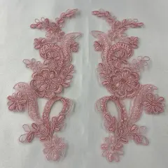 1 Pair Beaded & Corded Floral Lace Applique 9" x 2.5" Each Side Blush