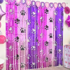 Pink Paw Birthday Decorations, 2 Pack Pink and Light Purple Birthday Party Supplies 3.3 x 6.6ft Tinsel Foil Fringe Curtains Photo Booth Props Backdrop Streamers, House Room Decor for Girls