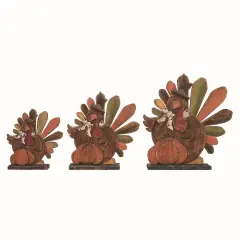 Transpac Wood Multicolor Harvest Turkeys with Pumpkin Set of 3, Plywood Decorative Figurines for Fall Home Decor, 12.8in