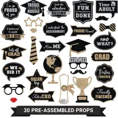 Fully Assembled Graduation Photo Booth Props - Set of 30 - Class of 2025 Graduation Selfie Signs - Congrats Grad Party Supplies & Decorations - with Real Gold & Silver Glitter - Did We Mention No DIY