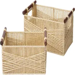 Summer Storage Baskets for Organizing, Recyclable Paper Rope Basket with Wood Handles, Decorative Hand Woven Basket Organizers for Makeup Books Shelves Living Room, Beige, Set of 2