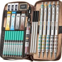Blocky Gear Metal Mechanical Pencil Set in Leather Case, 29PCS Art Drafting Pencils 0.3, 0.5, 0.7, 0.9&2mm Lead Pencil with 330PCS Lead (HB 2H 4H 2B 4B 6B Color) For Writing Sketching Drawing
