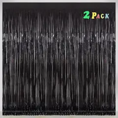 Black [Tinsel] Foil Fringe [Curtain] s, Melsan 3.2 x 8 ft Streamer Backdrop for Birthday, Graduation, Fiesta, Halloween [Party] Decor - Pack of 2