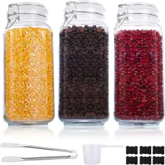 Mason Jars, 3 Pcs 78oz 2300ml Glass Food Storage Containers with Airtight Lids, Flour Sugar Storage Containers Sets for the Kitchen, With Metal Food Tongs & Measuring Cups & Sorting Labels