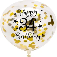 Gold 34th Confetti Latex Balloons, Woman or Man Happy 34 Years Birthday Party Balloon Decoration With Confetti