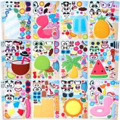 36 Pcs 9"x6" Summer Scene Make a face Stickers for Kids, Make Your Own Summer Sticker Sheets, Party Favors Kids Crafts, Goodie Bags Stuffers, Classroom Rewards