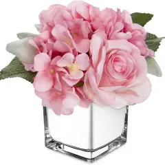 Artificial Flowers in Vase Fake Silk Hydrangea Rose Flower Arrangement Faux Potted Flowers for Indoor Home Bathroom Office Table Shelf Decor, Pink