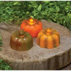 Multi Color Plastic Pumpkin Tealights with Bulb and LED Flicker 3 Asstd.