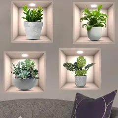 4 Pack 3D Green Plants Wall Stickers Botanical Plants Wall Decals for Bedroom Living Room Kitchen