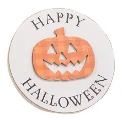 Happy Halloween Round Wooden Sign with Jack O Lantern and Plaid Design