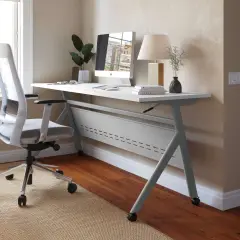 Emma and Oliver Griffin Heavy-Duty Flip Top Training Table with Nesting Design, Privacy Panel, Y-Legs, Tabletop, Metal Frame White Top/Gray Frame