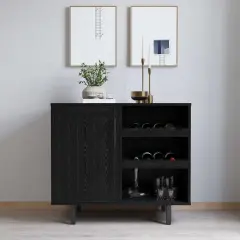 Merrick Lane Aloise Bar and Sideboard with Storage Cabinet, Hanging Stemware Holders and Bottle Storage Black