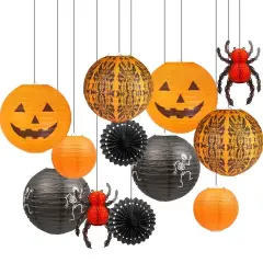12 Pieces Halloween Hanging Decorations Paper Lanterns, Jack-O'-Lantern Spider Skeleton Pumpkin for Indoor & Outdoor Spooky Home Decor, Party Supplies Props, 12" & 8" (Orange, Black)