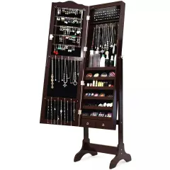 Freestanding Mirrored Jewelry Cabinet W/Storage Space Modern Organizer LED