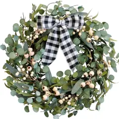 Artificial Spring/Summer Wreath 24 Inch Evergreen Wreaths for Front Door Eucalyptus Wreath with Berries for Outside All Seasons Indoor Outdoor Decor