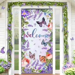 Purple Welcome Butterfly Door Cover Welcome Summer Door Decorations Banner Butterfly Flower Porch Banner Sign Photo Background for Summer Spring Seasonal Welcome Holiday Party Indoor Outdoor Decor
