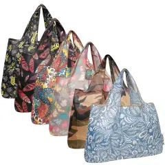 Wrapables Large Foldable Tote Nylon Reusable Grocery Bags, 6 Pack, Exotic Feathers
