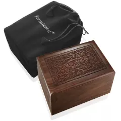 Rosewood Hand-Carved Floral Wood Memorial Cremation Box with Velvet Bag - XL