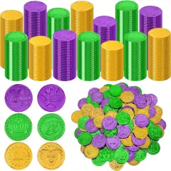 200 PCS Mardi Gras Decorations, 1.4 in Purple Gold Green Fake Coins, Crown Masks Pattern Mardi Gras Gold Coins Plastic Coins Leprechaun Gold Coins, Mardi Gras Table Decorations Costume Accessories