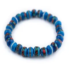 The Bead Chest Mala Stretch Bracelet, Azul Blue - Stackable Nepal Bone Inlaid with Turquoise & Coral Colors, 100% Authentic and Genuine