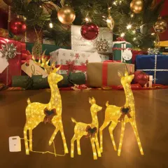 Three Deer Figures, Champagne Cotton Thread, Holiday Decoration 52" + 46" + 29"