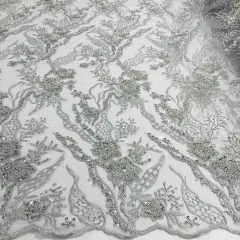 1 Yard Beaded Lace Fabric Embroidered on 100% Polyester Net Mesh 50" Width Silver
