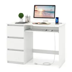 Costway Computer Desk with Power Outlet Keyboard Tray & 3 Large Drawers Type-C & USB Ports White/Natural