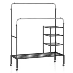 Adjustable Double Rod Clothes Drying Rack with 3-Tier Mesh Shelf Heavy Duty Steel Frame Silver