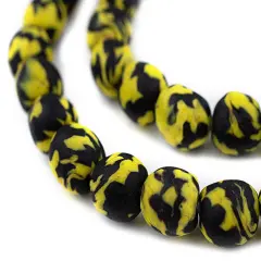 The Bead Chest Black & Yellow Fused Recycled Glass Beads 14mm Ghana African Multicolor Round Large Hole 30 Inch Strand Handmade Fair Trade