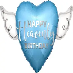 Blue Happy Heavenly Birthday Heart Balloon with Angel Wings