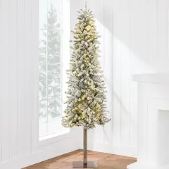 Flocked Pencil Christmas Tree Slim Alpine Green Tree with 250 LED Lights, Snowy Branches & Metal Stand
