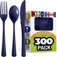 Exquisite Polished Plastic Silverware &ndash; 150 Pcs Heavy Duty Cutlery Set &ndash; 50 Each of Forks, Knives & Spoons &ndash; Disposable Utensil Set for Parties, Events & Catering &ndash; Flatware Set by Party Solids Navy