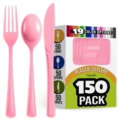 Exquisite Polished Plastic Silverware &ndash; 150 Pcs Heavy Duty Cutlery Set &ndash; 50 Each of Forks, Knives & Spoons &ndash; Disposable Utensil Set for Parties, Events & Catering &ndash; Flatware Set by Party Solids Pink
