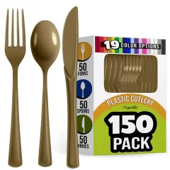 Exquisite Polished Plastic Silverware &ndash; 150 Pcs Heavy Duty Cutlery Set &ndash; 50 Each of Forks, Knives & Spoons &ndash; Disposable Utensil Set for Parties, Events & Catering &ndash; Flatware Set by Party Solids Gold