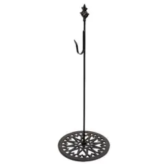 24" Black Metal Wreath Stand with Hook Punched Circular Base and Decorative Finial