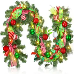 6 ft Prelit Christmas Garland with Lights for Mantle Lighted Xmas Garland with Red Green Balls