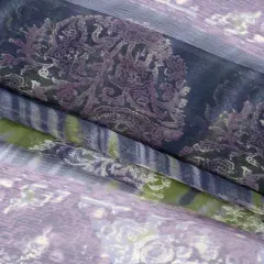 1 Yard Eggplant, Olive and Plum Medallion Striped Crinkled Silk Chiffon Designer Fashion Textile 54 inch Width