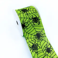 Designer&rsquo;s Shop WR 63-5098 Halloween Spider & Web Wired Ribbon &ndash; 2.5" x 10 Yards &ndash; Neon Green Black Print