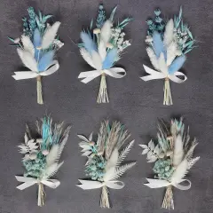 Mini Dried Flower Bouquet Set (6 pcs), Small Blue Bouquet, Boho Wedding Dinner Plate Decoration, Home Wall Decoration, Bridesmaid Flower Girl Proposal Gift Box, Card Decoration. (Blue)