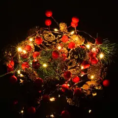 6.7FT Christmas Garland with Lights, 20 LED Red Berry Pine Cone Garland Lights Battery Operated
