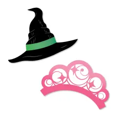 Big Dot of Happiness Witch Small Paper Cutouts, DIY Birthday or Halloween Decor Craft for Girls, Green Witch Hat & Pink Crown Shaped Cut-Outs - 24 Ct